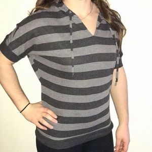 Black & Grey Striped Short Sleeve Hoodie